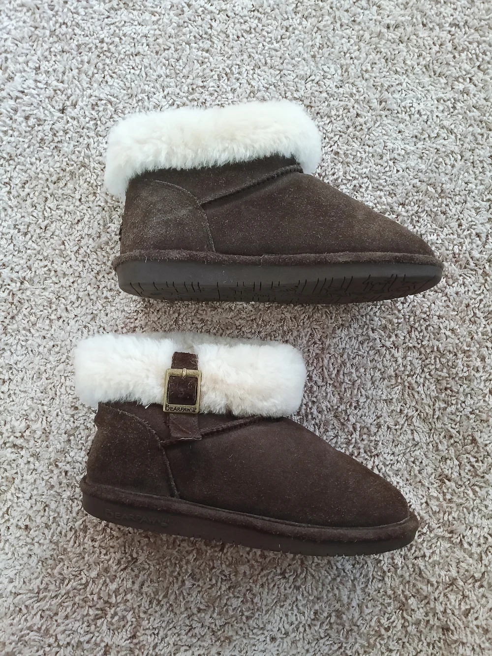 BearPaw Brown Suede Ankle‎ Booties with Cream Faux-Fur Cuff